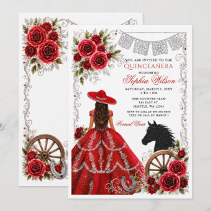 Invitation Rouge Argent Cheval Occidental Floral Charra Quinc
