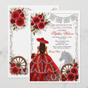 Invitation Rouge Argent Cheval Occidental Floral Charra Quinc