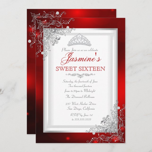 Invitation Rouge Argent Damask Tiara Sweet 16 Anniversaire (Devant / Derrière)