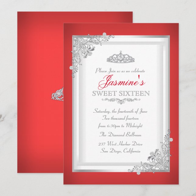 Invitation Rouge Argent Damask Tiara Sweet 16 Anniversaire (Devant / Derrière)
