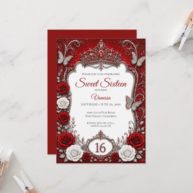 Invitation Rouge Argent Princesse Luxe Sweet 16 (Devant/Arrière en situation)