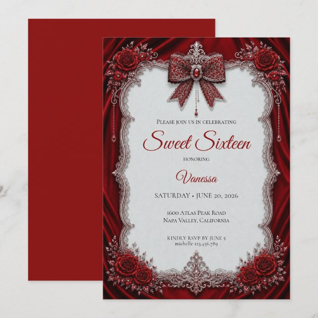 Invitation Rouge Argent Princesse Luxe Sweet 16 (Devant / Derrière)