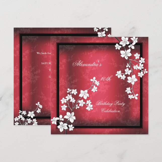 Invitation Rouge Asiatique Noir Fleur Blanche Fête d'annivers (Devant / Derrière)