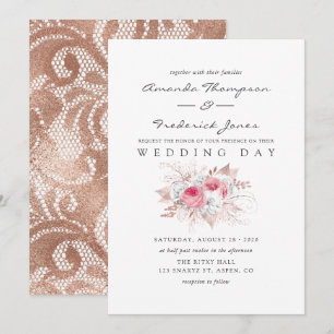Invitation Rouge aux Joues Rose et Or Rose Fleurs et Dentelle