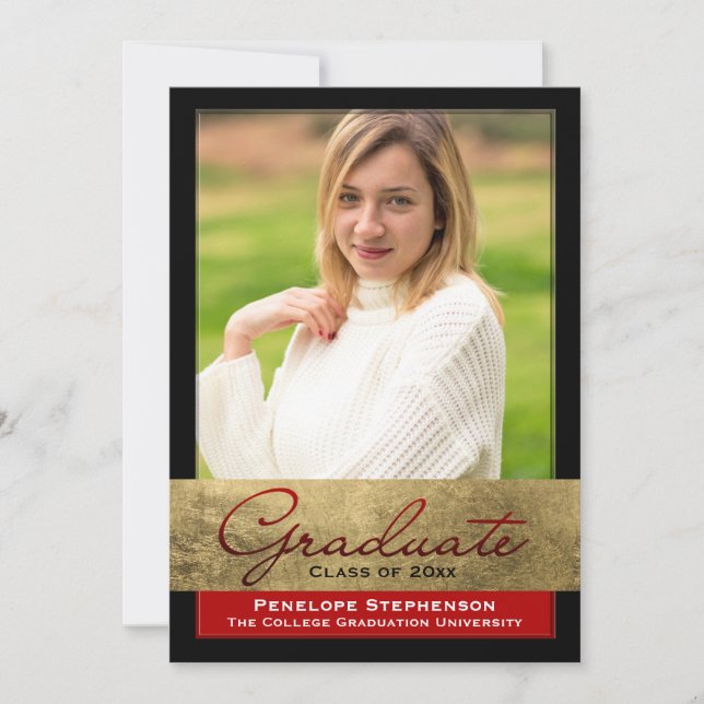Invitation Rouge avec Gold Foil Effet Photo Graduation (Devant)