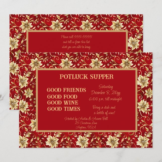 Invitation Rouge avec Gold Poinsettia Noël POT BOUCHE Coffre (Devant / Derrière)