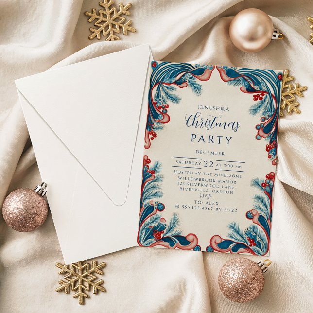 Invitation Rouge Baie & Bleu Pin Noël (Créateur téléchargé)