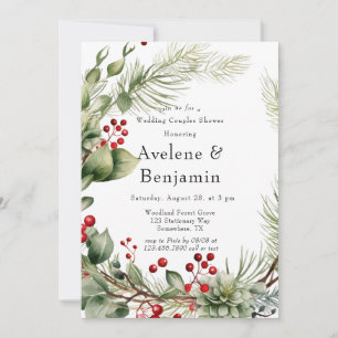 Invitation Rouge Berries Pine Wreath Mariage Couples Douche