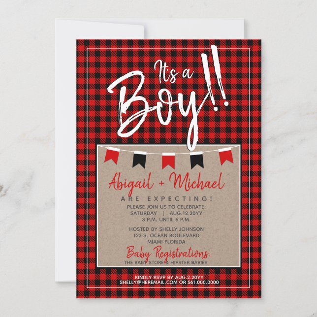 Invitation Rouge + Black Baby Boy Plaid Lumberjack Baby showe (Devant)