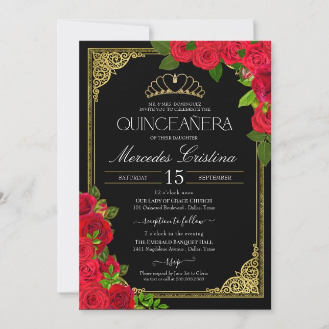 Invitation Rouge Black & Gold Elegant Rose Quinceanera (Devant)