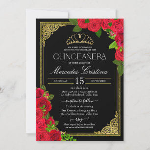 Invitation Rouge Black & Gold Elegant Rose Quinceanera