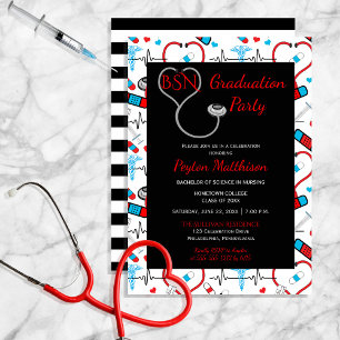 Invitation Rouge Black Médicale Nurse Graduation Party