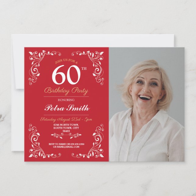 Invitation Rouge Blanc Anniversaire Femme Classy 60ème Photo (Devant)