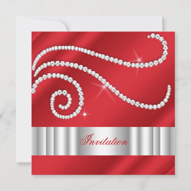 Invitation Rouge Blanc Bijou Diamants Argent Anniversaire (Devant)