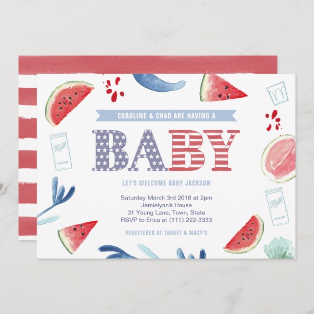 Invitation Rouge Blanc Bleu Baby shower Couples (Devant / Derrière)