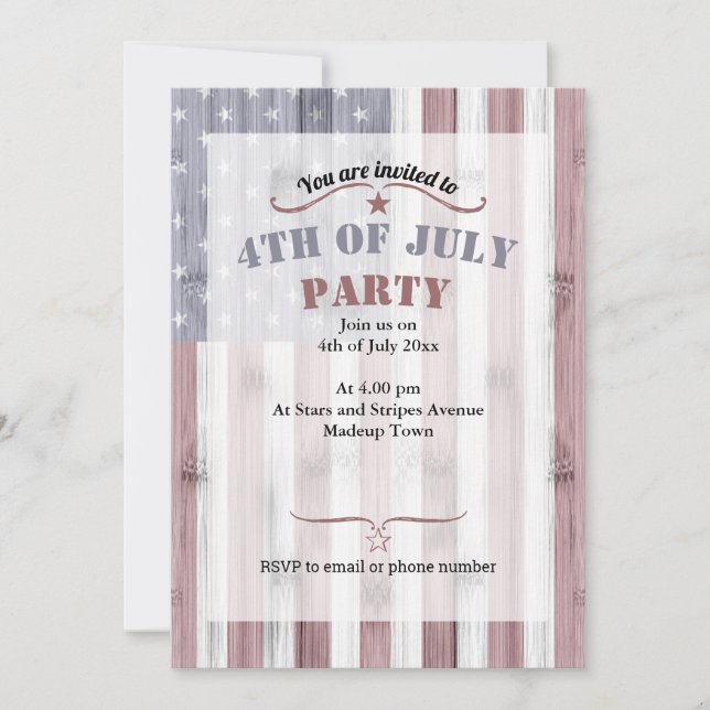 Invitation Rouge Blanc Bleu Bois Rustique Drapeau USA Amériqu (Devant)