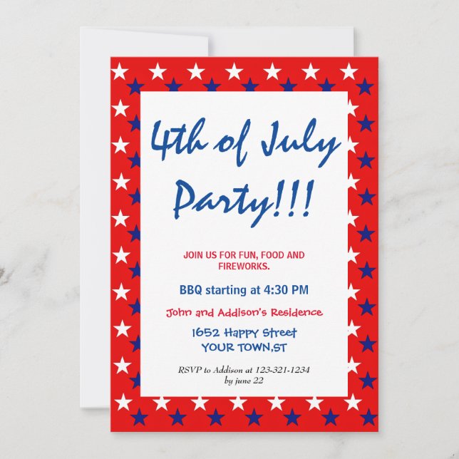 Invitation Rouge Blanc Bleu Fête du 4 JUILLET  étoiles simple (Devant)