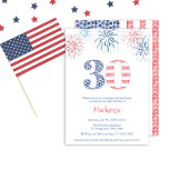 Invitation Rouge Blanc Bleu Feu d'artifice BQ 30e fête d'anni<br><div class="desc">Une invitation à la fête du 30e anniversaire d'inspiration moderne, rouge blanc et bleu, avec des feux d'artifice peints à la main, des fraises et des bleuets disposés dans le drapeau américain. A l'origine, j'ai peint ces éléments individuellement sur du papier d'aquarelle 100% coton puis j'ai scanné sous forme numérique...</div>