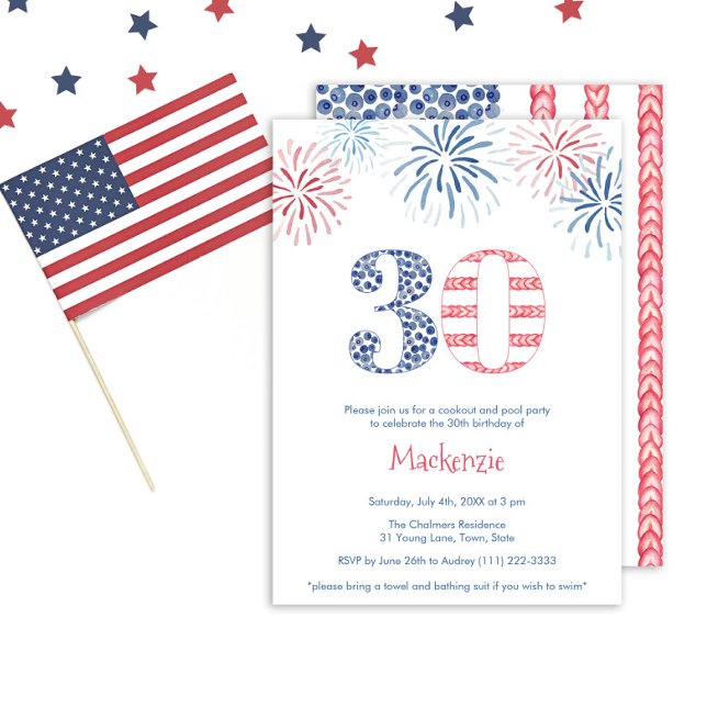 Invitation Rouge Blanc Bleu Feu d'artifice BQ 30e fête d'anni (A 30th birthday party invitation design with the American flag taking center stage)
