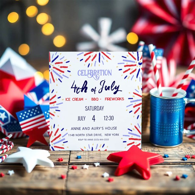 Invitation Rouge Blanc Bleu Feux 4 juillet Fête d'été (A simple yet joyful invitation for your 4th of july party!)