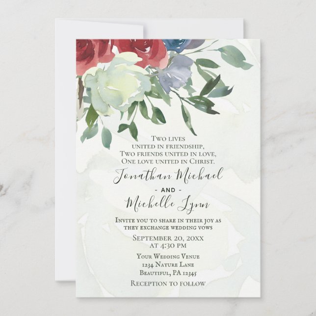 Invitation Rouge Blanc bleu Floral Aquarelle Mariage chrétien (Devant)