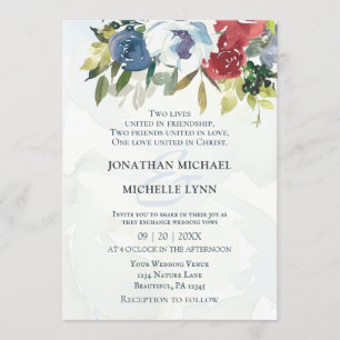 Invitation Rouge Blanc Bleu Flore Vert Mariage chrétien