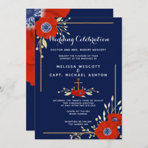 Invitation Rouge Blanc & Bleu Formel Anemone Mariage Nautique