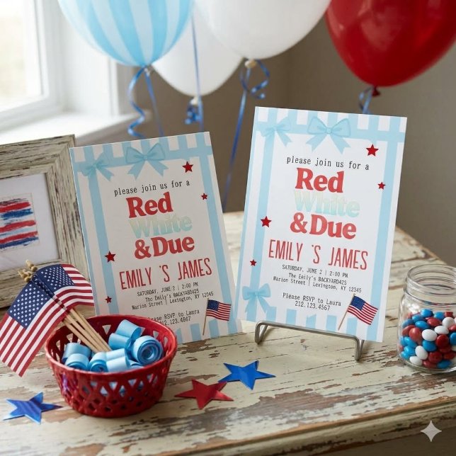 Invitation Rouge Blanc & Bleu Futur Bébé Rayures & Nœuds Baby (Créateur téléchargé)
