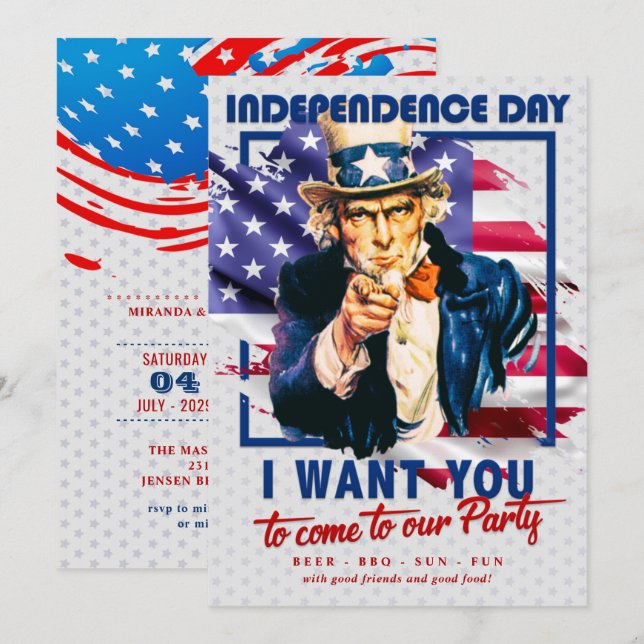 Invitation Rouge, Blanc, Bleu Oncle Sam 4 juillet (Devant / Derrière)