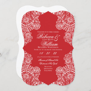 Invitation Rouge Blanc dentelle élégante mariage vintage
