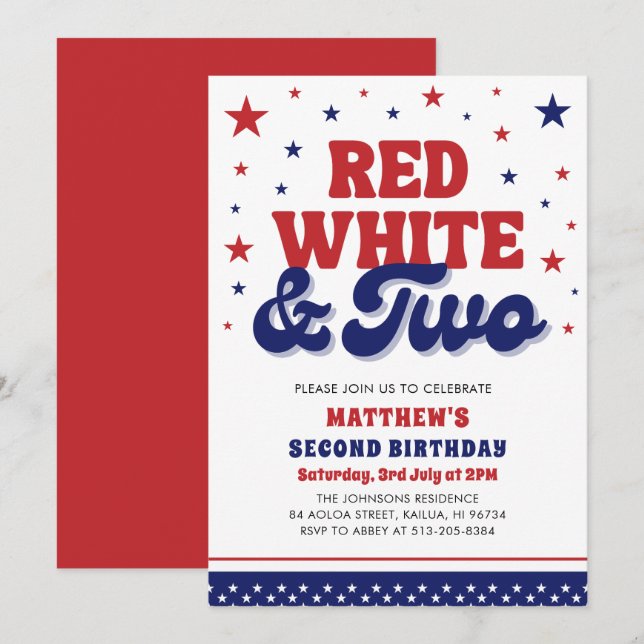 Invitation Rouge, Blanc & Deux 4 Juillet 2 Anniversaire (Devant / Derrière)