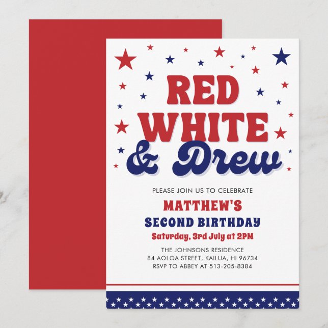 Invitation Rouge, Blanc & Deux 4 Juillet 2 Anniversaire (Devant / Derrière)