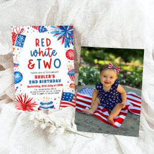 Invitation Rouge, Blanc & Deux 4 Juillet 2 Photo Anniversaire