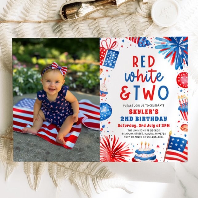 Invitation Rouge, Blanc & Deux 4 Juillet 2 Photo Anniversaire (Watercolor Partiotic Fireworks Red, White & Two 4th July 2nd Photo Birthday Party Invitation)