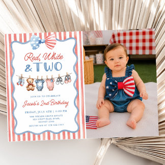 Invitation Rouge Blanc & Deux Photo de 2e anniversaire patrio