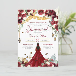 Invitation Rouge blanc élégant papillon floral Quinceanera V4