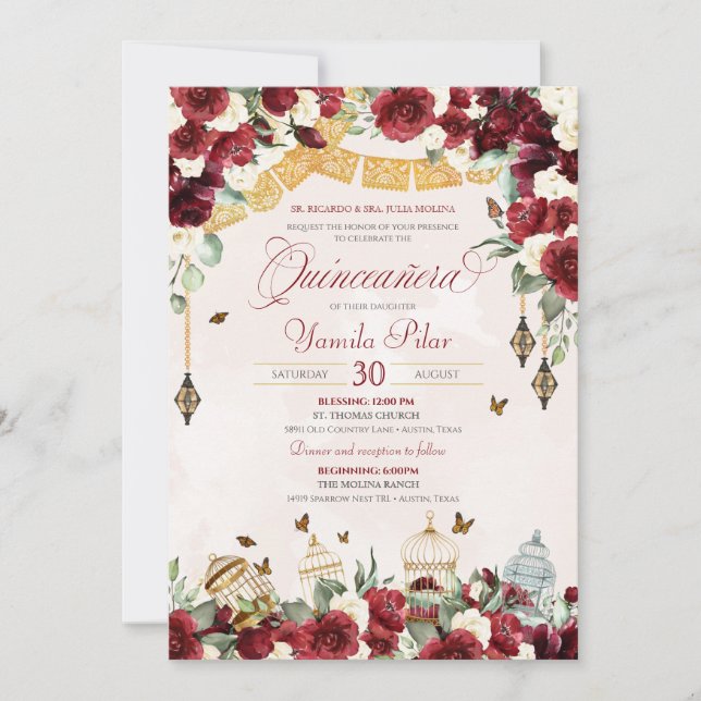 Invitation Rouge Blanc élégant papillon floral Quinceanera V6 (Devant)