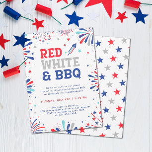 Invitation Rouge blanc et BBQ 4 juillet feux d'artifice patri