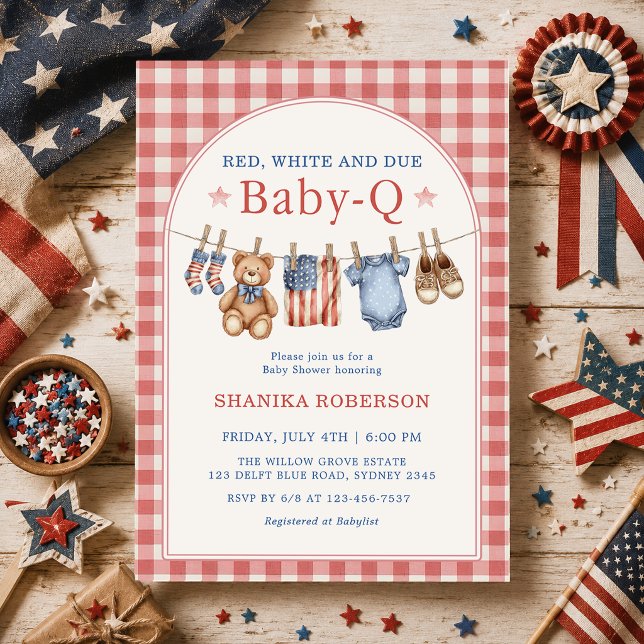 Invitation Rouge Blanc et Bébé Prévu Baby-Q Linge de Bébé (Créateur téléchargé)