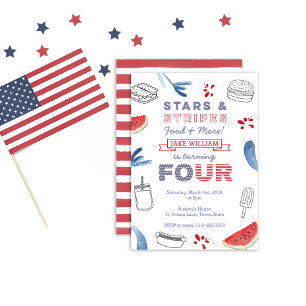 Invitation Rouge Blanc et Bleu 4e Anniversaire pour Garçon ou