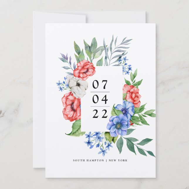 Invitation Rouge blanc et bleu | Floral Enregistrer la date I (Devant)