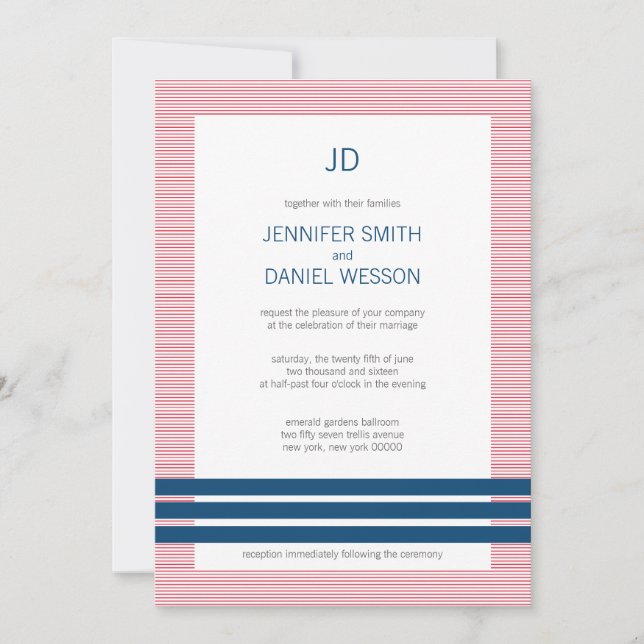 Invitation Rouge Blanc Et Bleu Stripes Monogramme Mariage Inv (Devant)