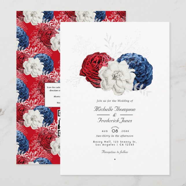 Invitation Rouge Blanc et Bleu USA Code QR de mariage américa (Devant / Derrière)