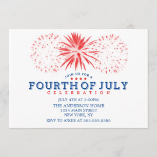 Invitation Rouge blanc et bleu Vintage feux d'artifice 4 juil