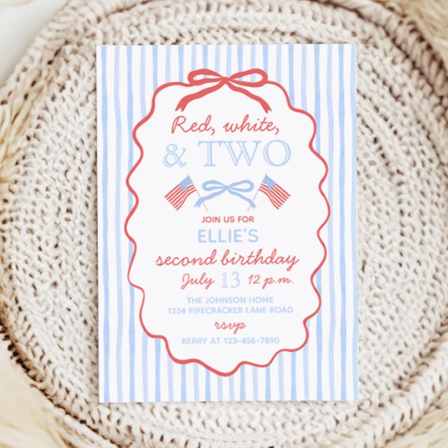 Invitation Rouge Blanc et Deux 2e anniversaire du 4 juillet (Baby blue stripes with wavy red bow frame. Preppy bow with flags. Red, white, and two.)