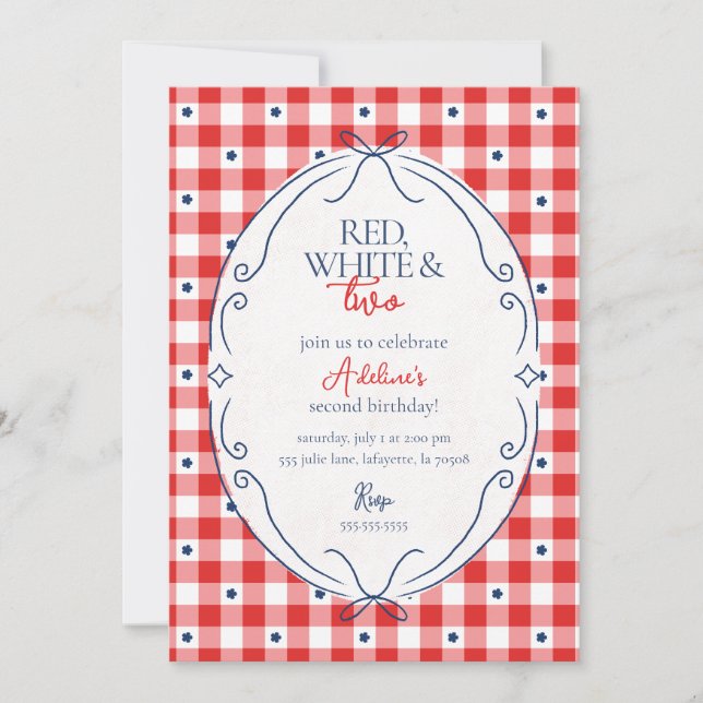Invitation Rouge Blanc et Deux Deuxième Fête d'Anniversaire (Devant)