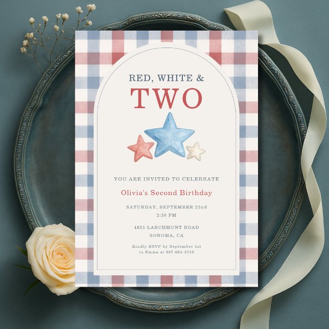 Invitation Rouge Blanc et Deux Gingham 2e Anniversaire (Créateur téléchargé)