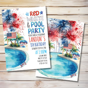 Invitation Rouge, Blanc et Fête au Piscine Anniversaire Patri