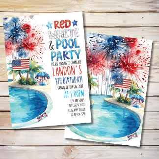 Invitation Rouge, Blanc et Fête au Piscine Anniversaire Patri
