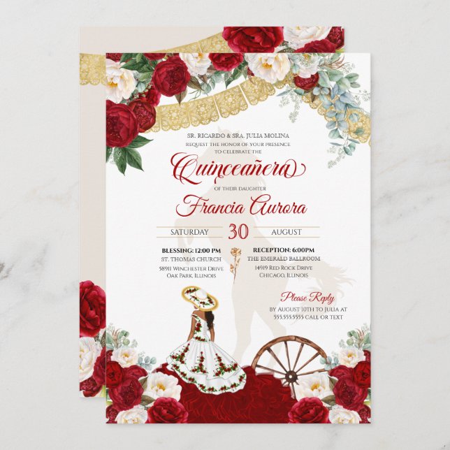 Invitation Rouge Blanc Floral Elegant Or - Charro Quinceanera (Devant / Derrière)